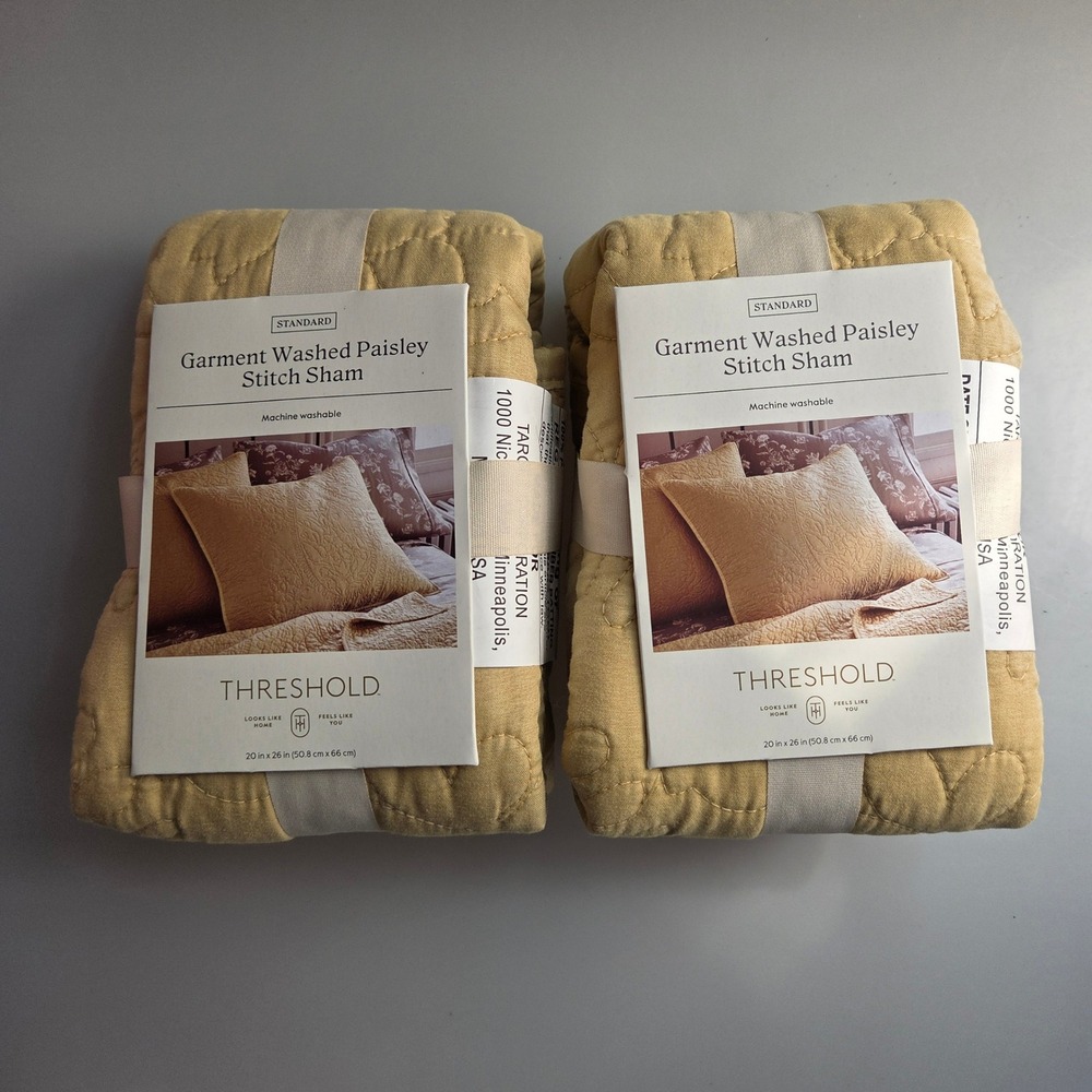 Threshold Set of 2 Garment Washed Paisley Stitch Standard Shams Yellow Gold New